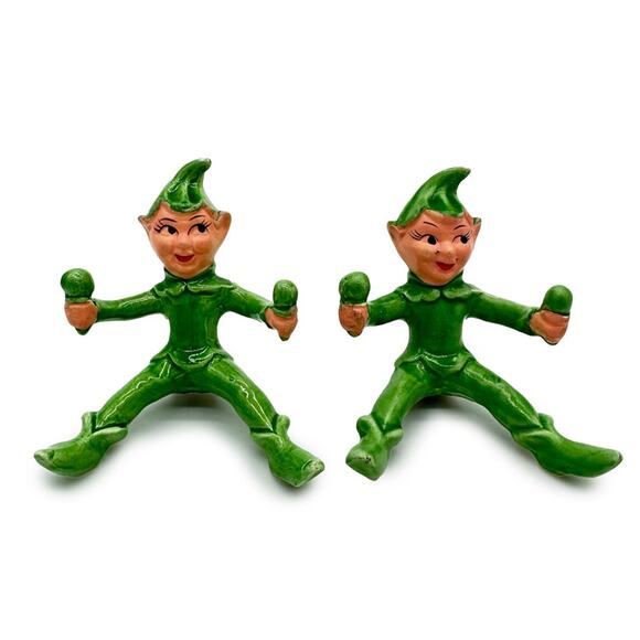 Pair Gilner Green Pixie Elf Figurines with Maracas 50s Kitschy Vintage Christmas - Picture 1 of 11